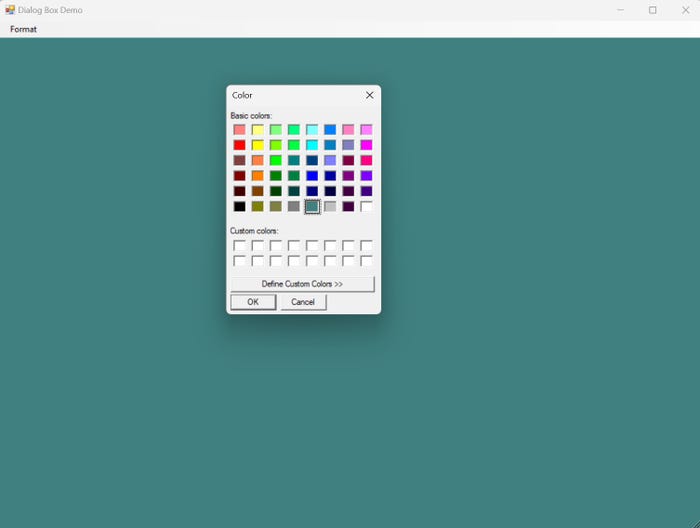 Colors dialog box contains three buttons: Define Custom Colors, OK, and Cancel Colors dialog box contains three buttons: Define Custom Colors, OK, and Cancel